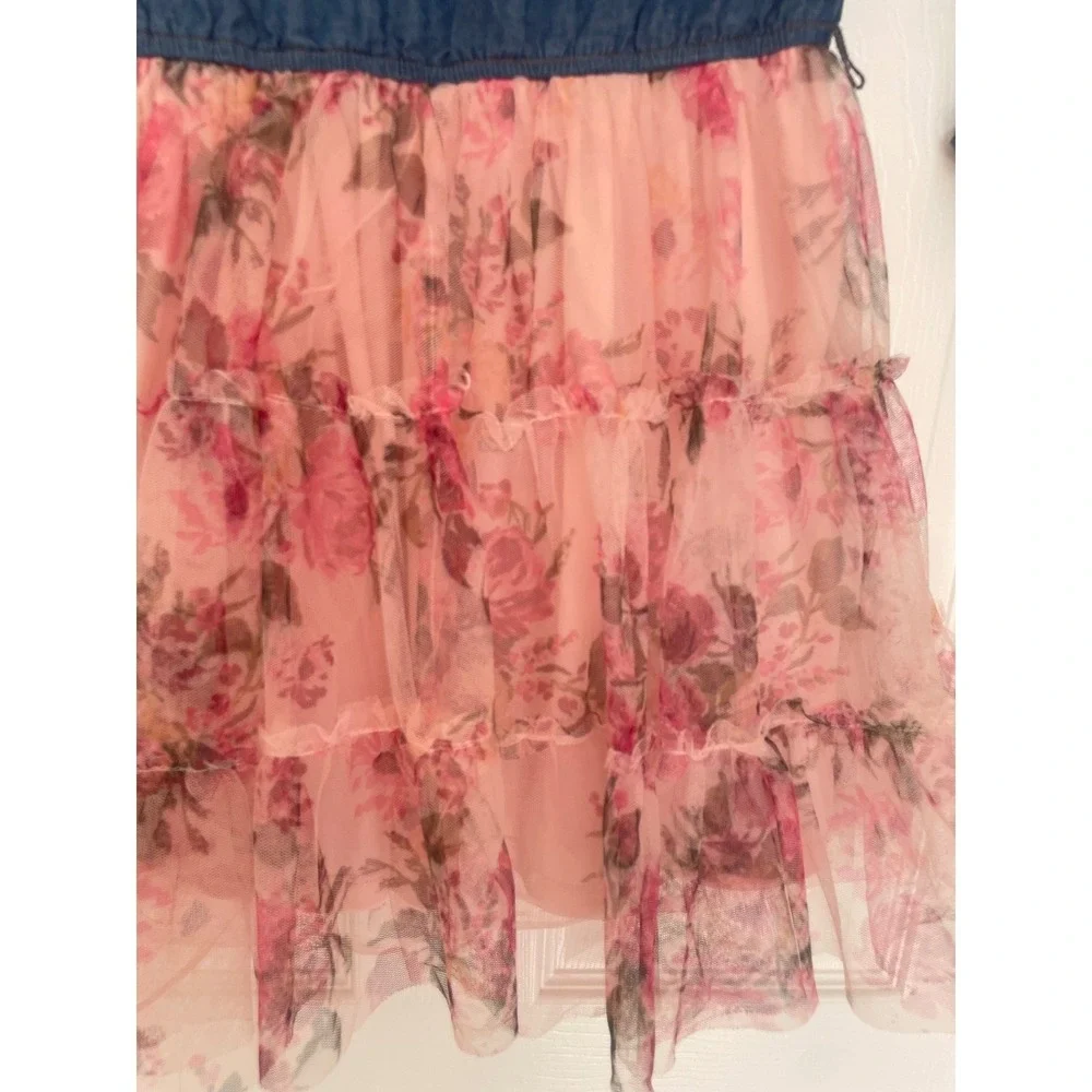 Pink & Violet 2 Pockets Girl 8 Denim Roll Tab Sleeves Flared Tutu Floral Dress